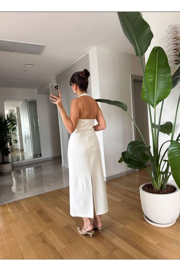 Kadın Halter Yaka Midi Dokuma Elbise - 6
