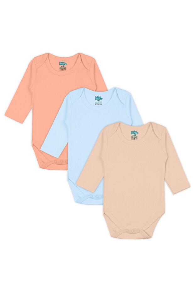 Long Sleeves Romper/Bodysuit. Set of 3 - Blue, Brown, Orange, 9-12 Months