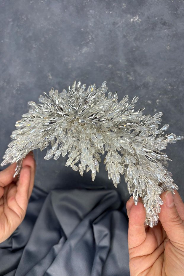 Transparent Silver Eva Dense Bead Embroidered Bridal Henna Crown