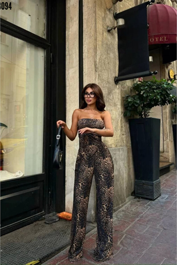 Leopard Patterned Front Tie Blouse Trousers Double Set - 5