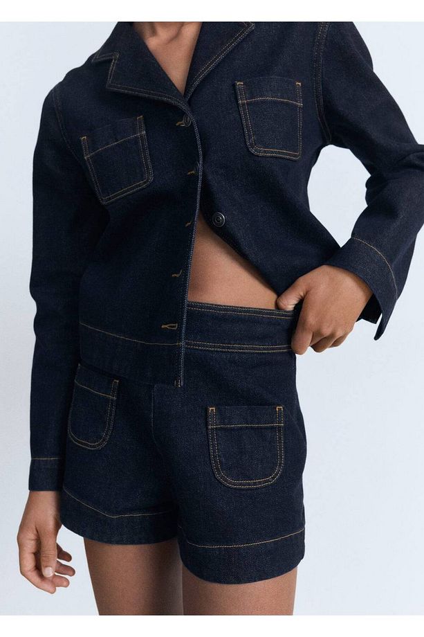 Yüksek Bel Cepli Denim Şort - 7