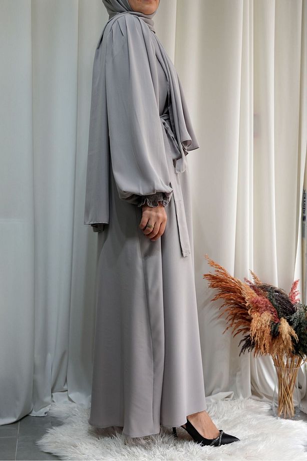 Model Meryem Medine İpeği Çiçek Kol Detaylı Tesettür Elbise (Şal Dahil) - Taş Rengi - MERYEM01007Ş - 6