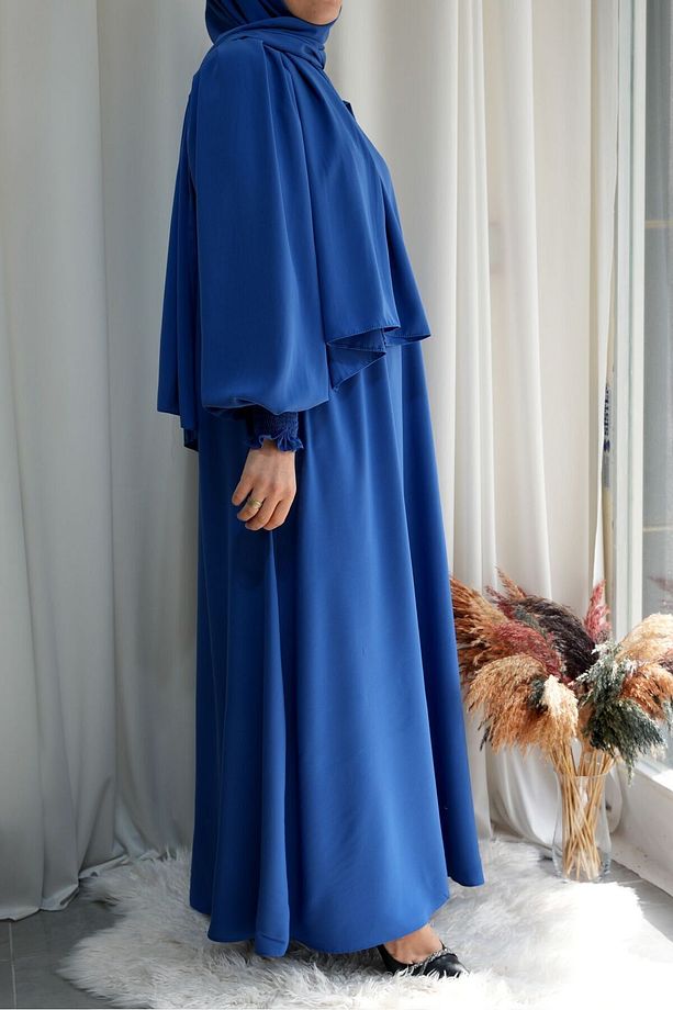 Model Meryem Medine Ipeği Çiçek Kol Detaylı Tesettür Elbise (ŞALSIZ) - Mavi - Meryem01013 - 7