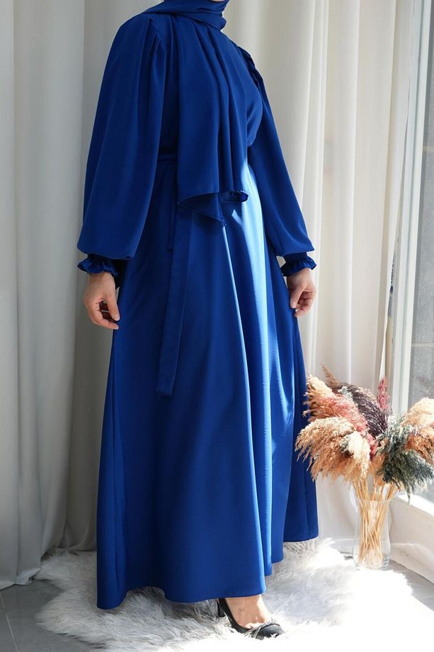 Model Meryem Medine Ipeği Çiçek Kol Detaylı Tesettür Elbise (ŞALSIZ) - Mavi - Meryem01013 - 1