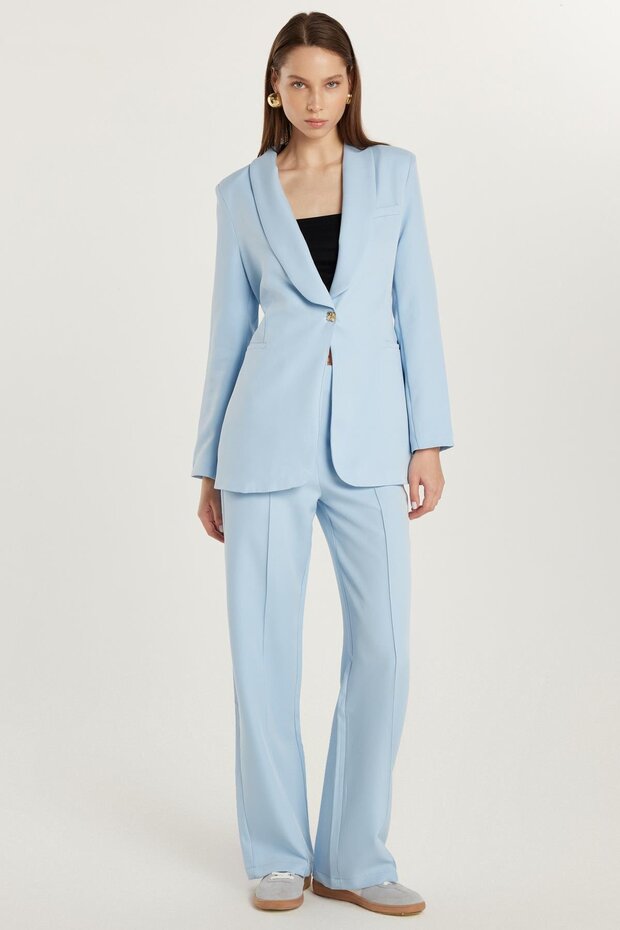 Women's Standard Fit Long Sleeve Double Breasted Lapel Button Blue Jacket Pants Suit