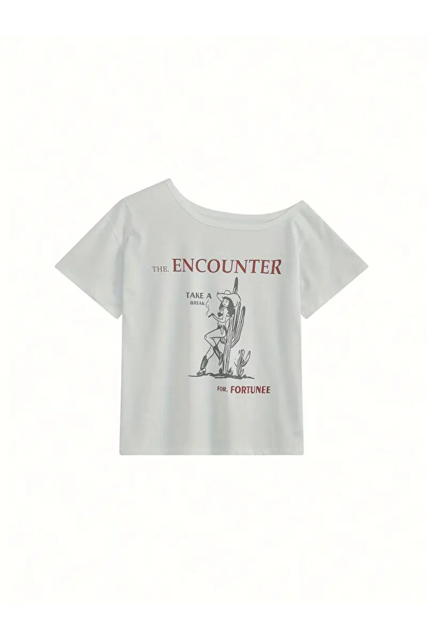 Women's Off Shoulder Boat Neck Printed T-Shirt
