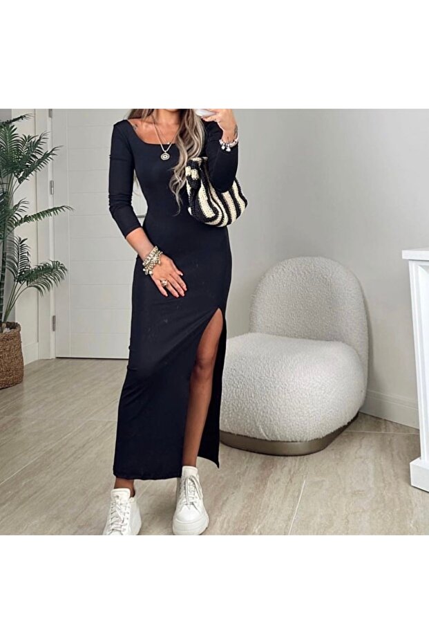 Siyah yırtmaçlı elbise - 1