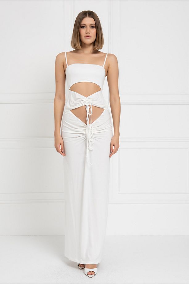 Off white Askılı Göbek Dekolteli Maxi Elbise - 3