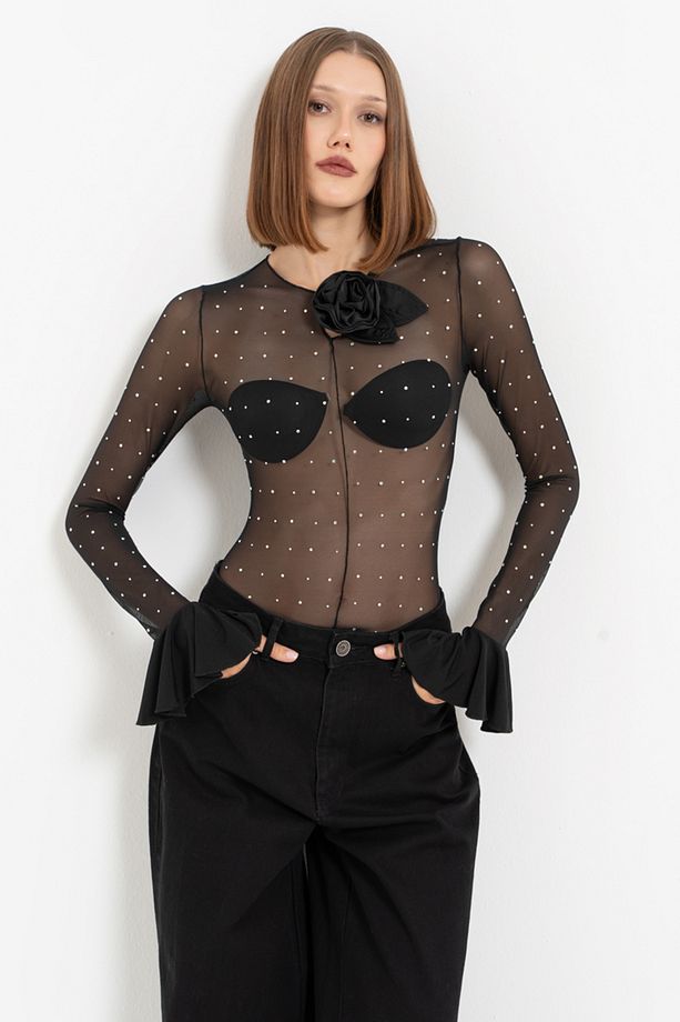Taşlı Transparan Bodysuit - 6