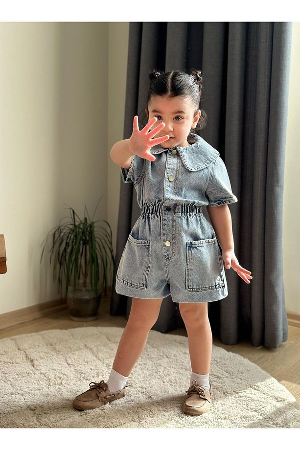 Kız çocuk bayramlik bebe yaka taşlı kot şortlu tulum salopet - 2