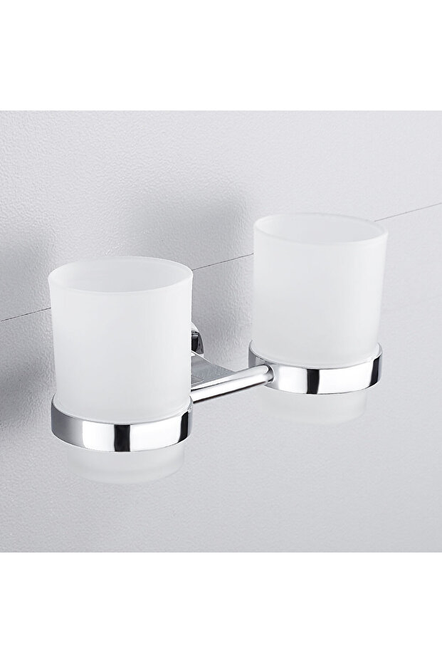 Double Bring 2 cups Bathroom Modern Wall-Mounted Toothbrush Holder Glass Cup Tumbler Frame Bathroom