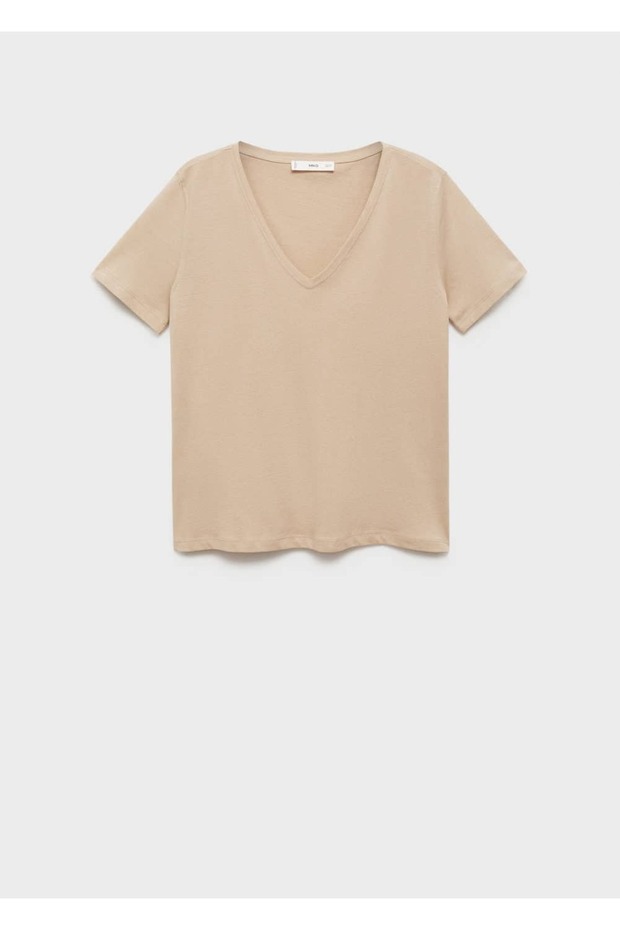 V yakalı pamuklu tişört - 3