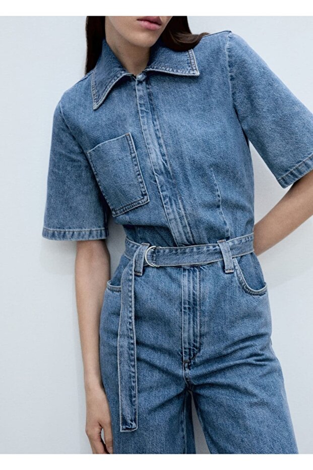 Kemerli denim tulum