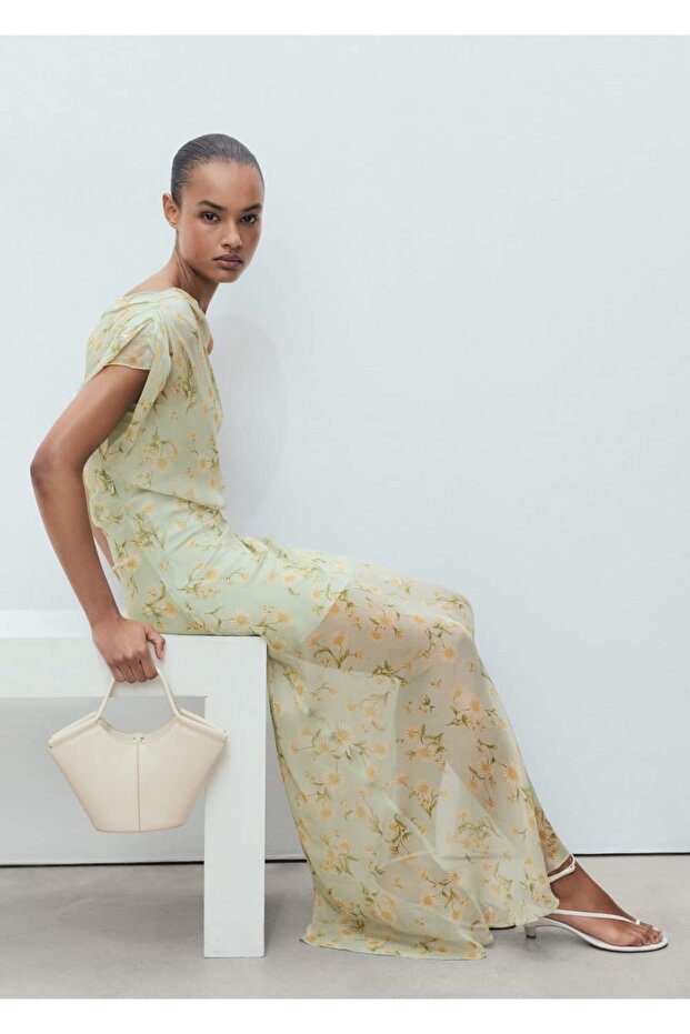 Yarı Saydam Drape Çiçekli Elbise - 8