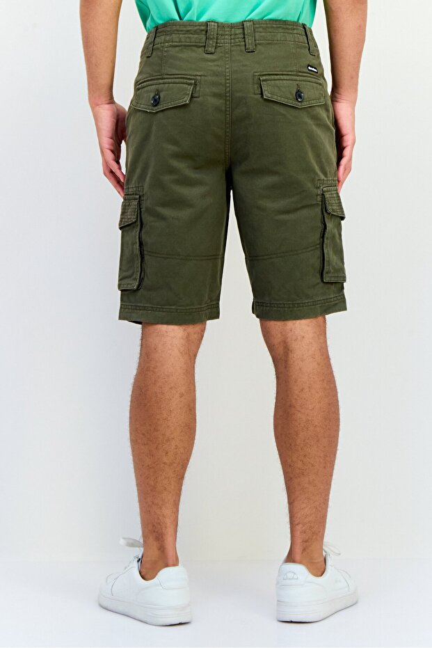 Men Solid Cargo Shorts, Dark Olive - 4