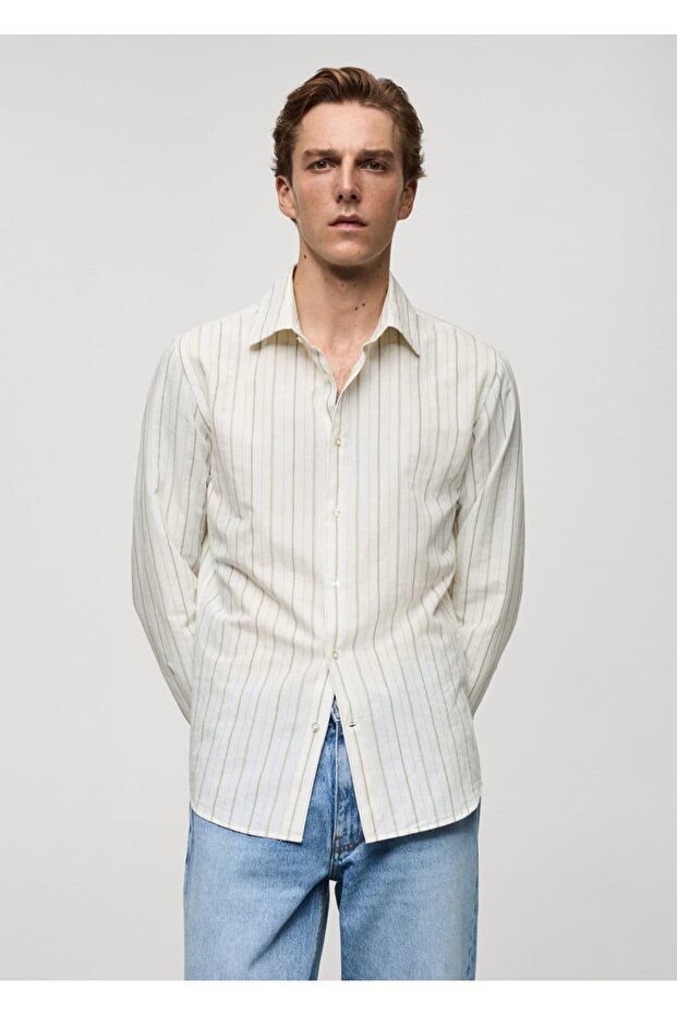 Regular kesim çizgili pamuklu keten gömlek - 1