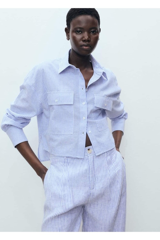 Cepli çizgili crop gömlek - 1