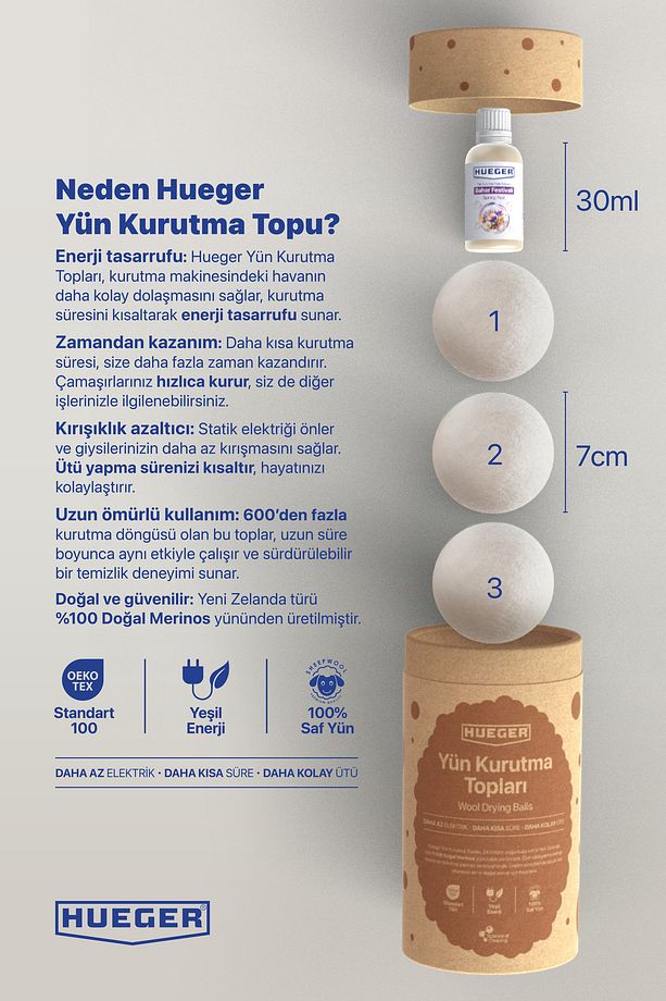 %100 Doğal Merinos Yün Kurutma Topu 3 Adet ve 30 ML Bahar Festivali Yün Kurutma Topu Kokusu - 6