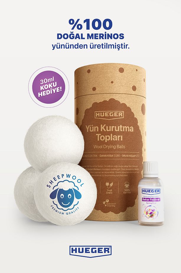 %100 Doğal Merinos Yün Kurutma Topu 3 Adet ve 30 ML Bahar Festivali Yün Kurutma Topu Kokusu - 1