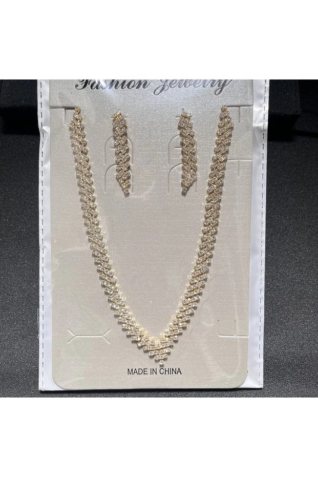 Gold-color Charming Crystal Bridal Jewelry Set for Wedding V Shape Choker Necklace Earrings Sets Fas