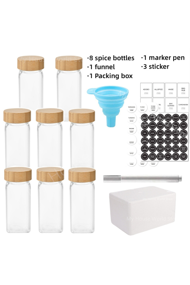 8pcs jars set Glass Jars with Bamboo Lid Seasoning Containers Pot Salt Pepper Shakers Organizer
