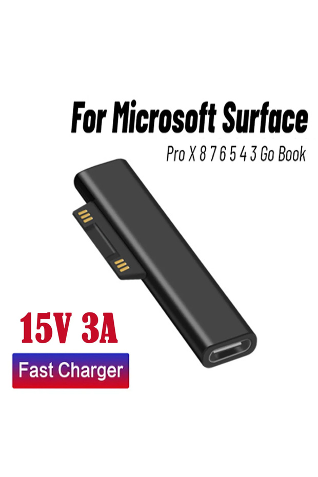 محول شحن سريع PD من النوع C أنثى إلى Microsoft Surface أسود، شاحن مغناطيسي 15 فولت 3 أمبير