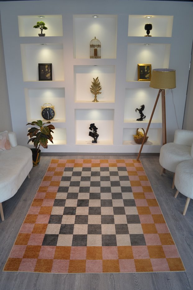 Orange Checkered Geometric Colorful Patterned Washable Decorative Carpet Miravip8065