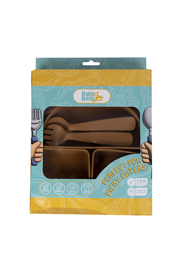 Silicone Feeding Set,with removable section, with Suction Plate, Spoon and Fork- Brown - 5
