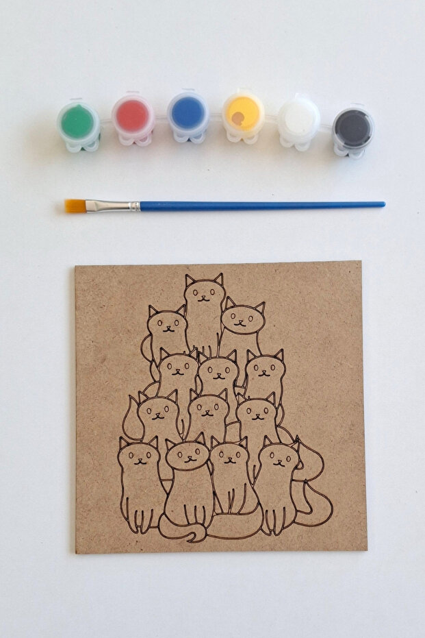 Wooden Painting and Activity Set with Cat Figure - Brush and Acrylic Paint as a Gift