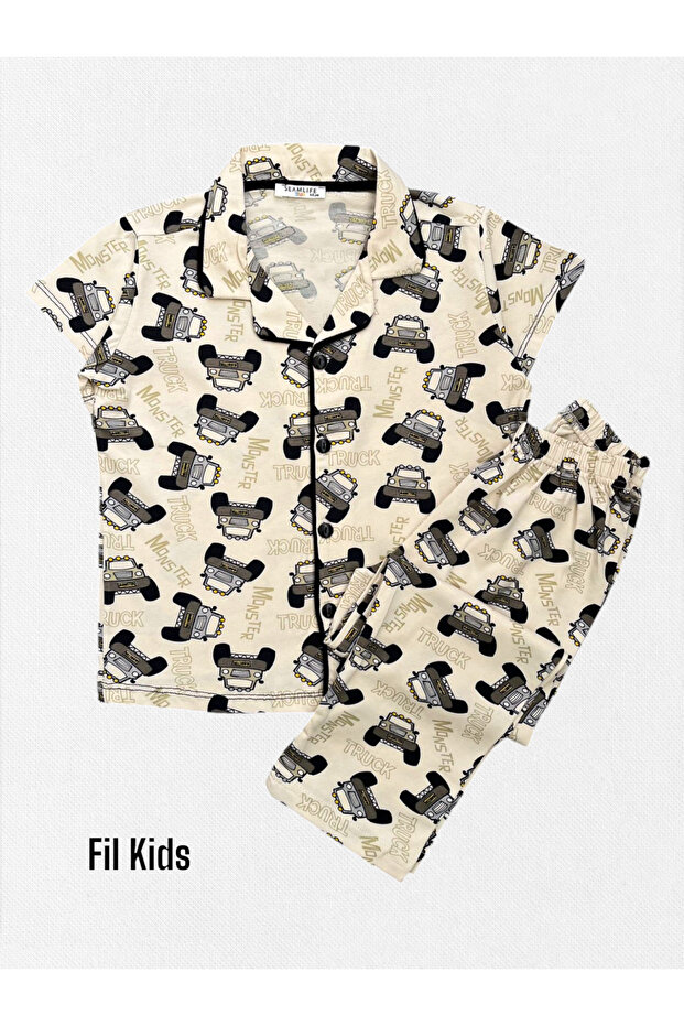 Boy's 100% Cotton Ecru Jip Car Patterned Shirt Collar Buttoned Short Sleeve Summer Pajama Set