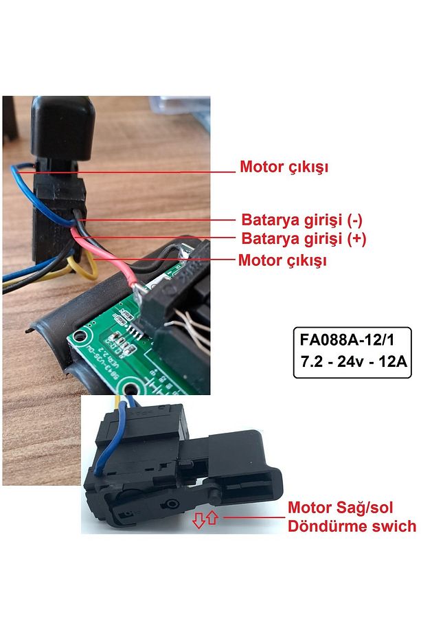 Elektronik Hız Kontrol Tetik Dc Motor Şarjlı Matkap Tetiği Sağ Sol Dönme Anahtarlı Fa088a 7.2-24v 2a - 3