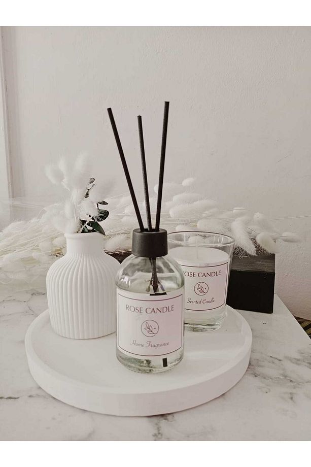 Dekoratif Sunum Tabaklı Minimal Vazo, Oda Kokusu ve Cam Bardak Mum - 1