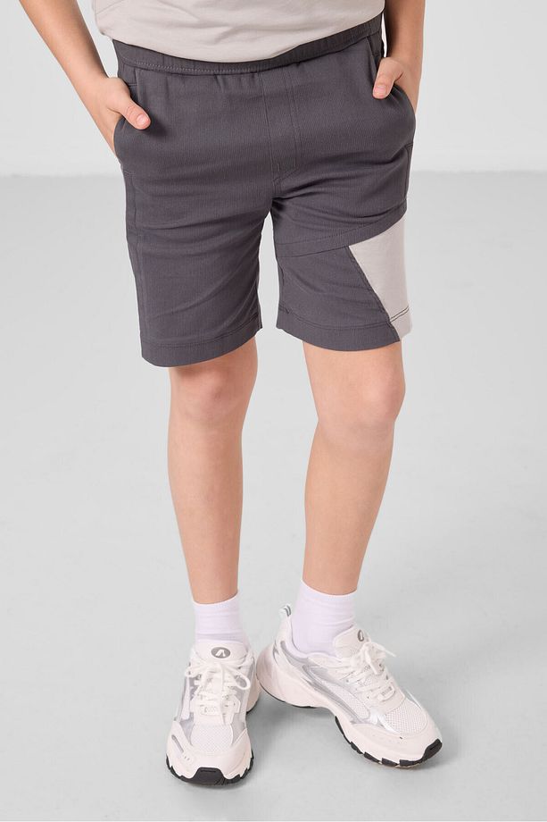 Taş-Antrasit Pamuklu Oversize Fit Dokuma Hafif Esnek Chino Erkek Çocuk Şort Takım - 11275 - 4