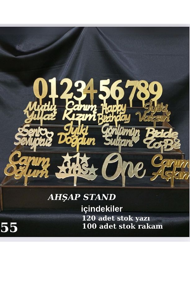 GOLD PLEKSİ AHŞAP STAND 120 ADET PASTA YAZISI 100 ADET RAKAM PİLEKSİ - 4