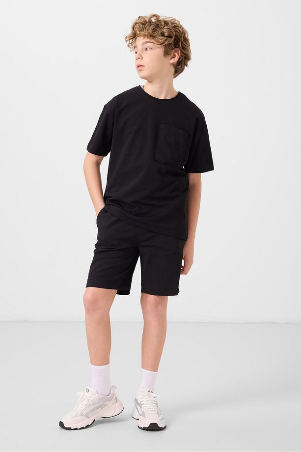 Siyah Pamuklu Oversize Fit Dokuma Hafif Esnek Chino Erkek Çocuk Şort Takım - 11278 - 1