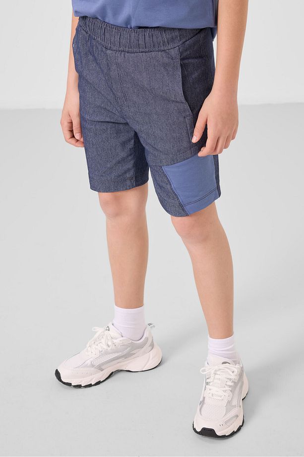 Koyu Mavi-Kot Lacivert Pamuklu Oversize Fit Dokuma Hafif Esnek Chino Erkek Çocuk Şort Takım - 11275 - 7