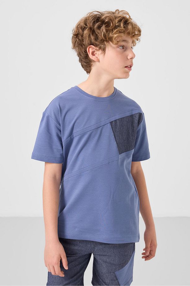Koyu Mavi-Kot Lacivert Pamuklu Oversize Fit Dokuma Hafif Esnek Chino Erkek Çocuk Şort Takım - 11275 - 5