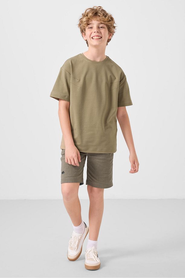 Koyu Bej-Camel Pamuklu Oversize Fit Dokuma Hafif Esnek Chino Erkek Çocuk Şort Takım - 11277 - 1