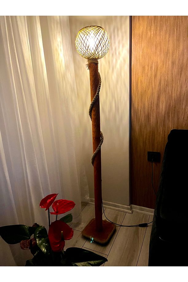 “Doğal Ahşap Lambader - Jüt Halat Detaylı ,Tek Küre Başlıklı Doğal Lambader.”(140/150 Cm) - 3