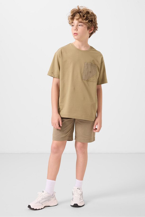 Koyu Bej-Camel Pamuklu Oversize Fit Dokuma Hafif Esnek Chino Erkek Çocuk Şort Takım - 11278 - 4