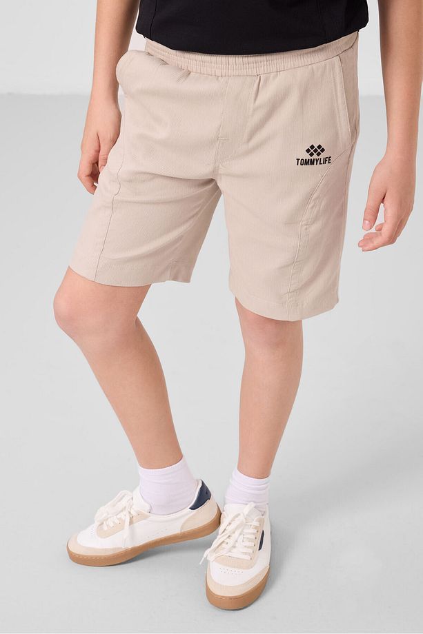 Siyah-Taş Pamuklu Oversize Fit Dokuma Hafif Esnek Chino Erkek Çocuk Şort Takım - 11276 - 6