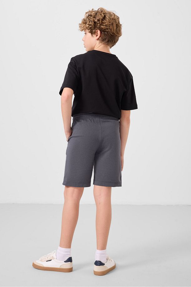 Siyah-Gri Pamuklu Oversize Fit Dokuma Hafif Esnek Chino Erkek Çocuk Şort Takım - 11277 - 8