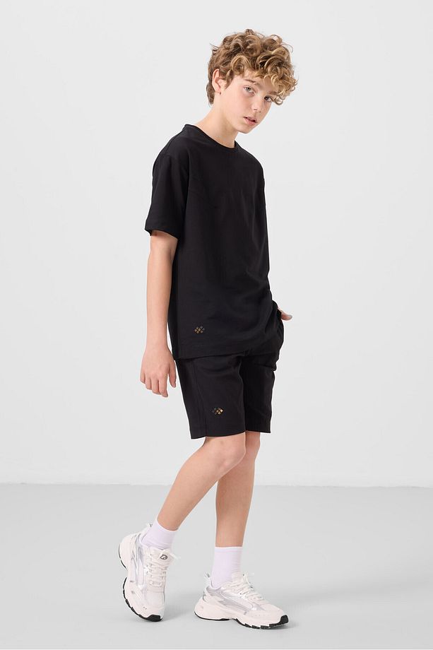Siyah Pamuklu Oversize Fit Dokuma Hafif Esnek Chino Erkek Çocuk Şort Takım - 11277 - 4