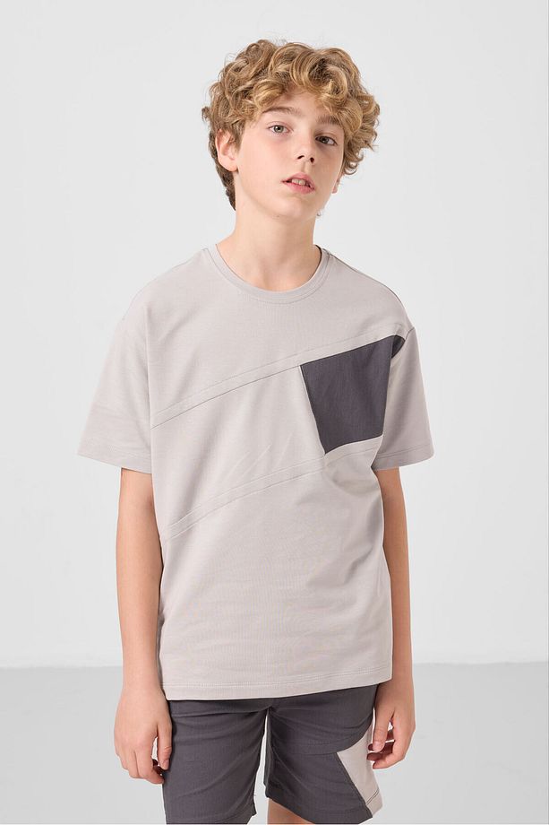 Taş-Antrasit Pamuklu Oversize Fit Dokuma Hafif Esnek Chino Erkek Çocuk Şort Takım - 11275 - 5