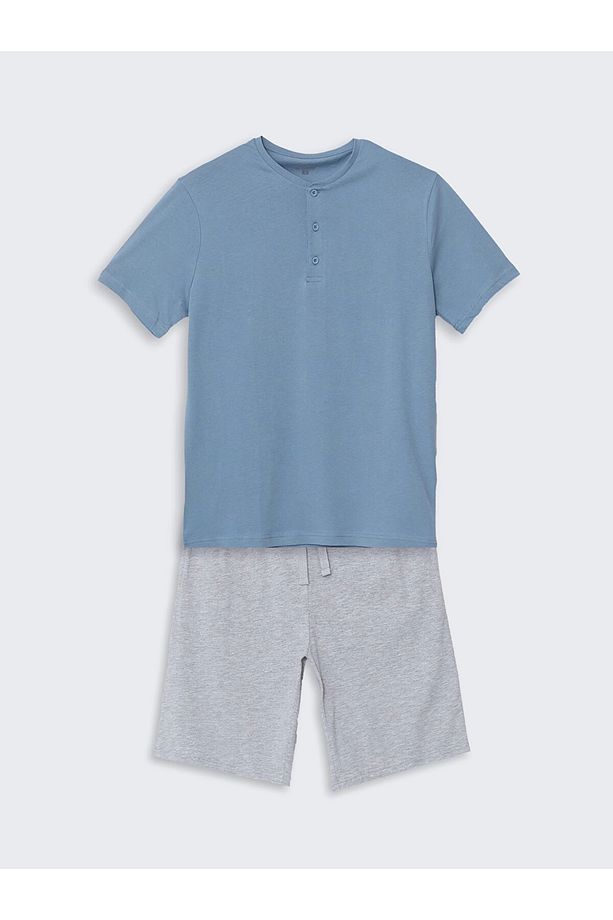 Mavi Standart Kalıp Erkek Şortlu Pijama Takımı - 5