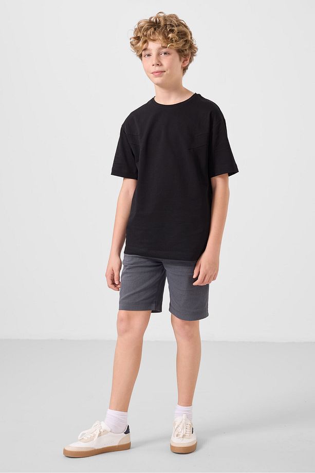 Siyah-Gri Pamuklu Oversize Fit Dokuma Hafif Esnek Chino Erkek Çocuk Şort Takım - 11277 - 4