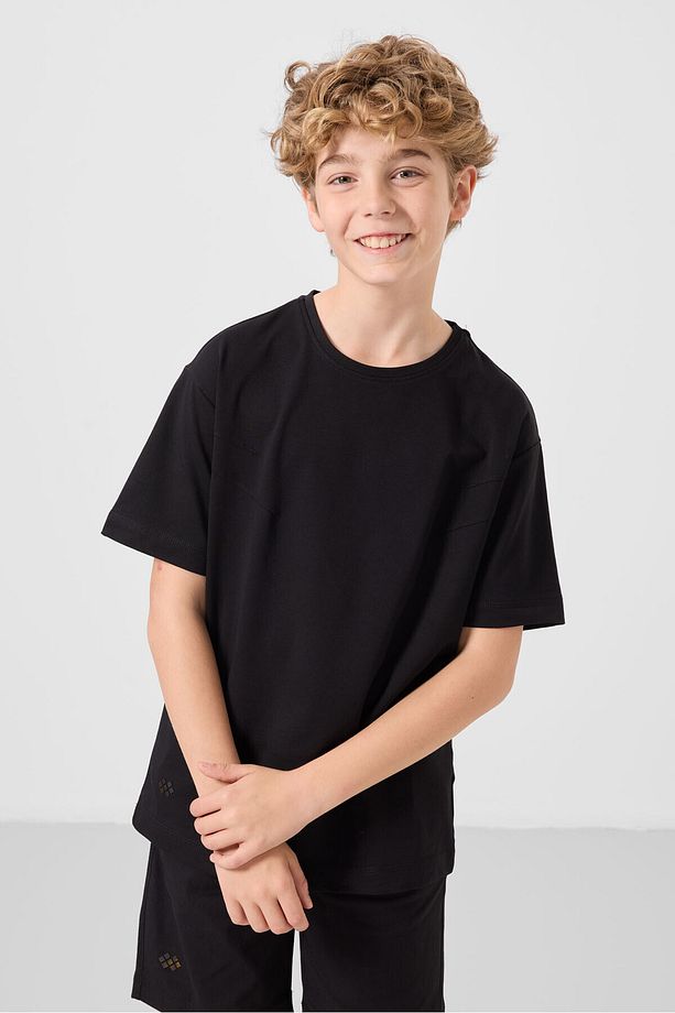 Siyah Pamuklu Oversize Fit Dokuma Hafif Esnek Chino Erkek Çocuk Şort Takım - 11277 - 6