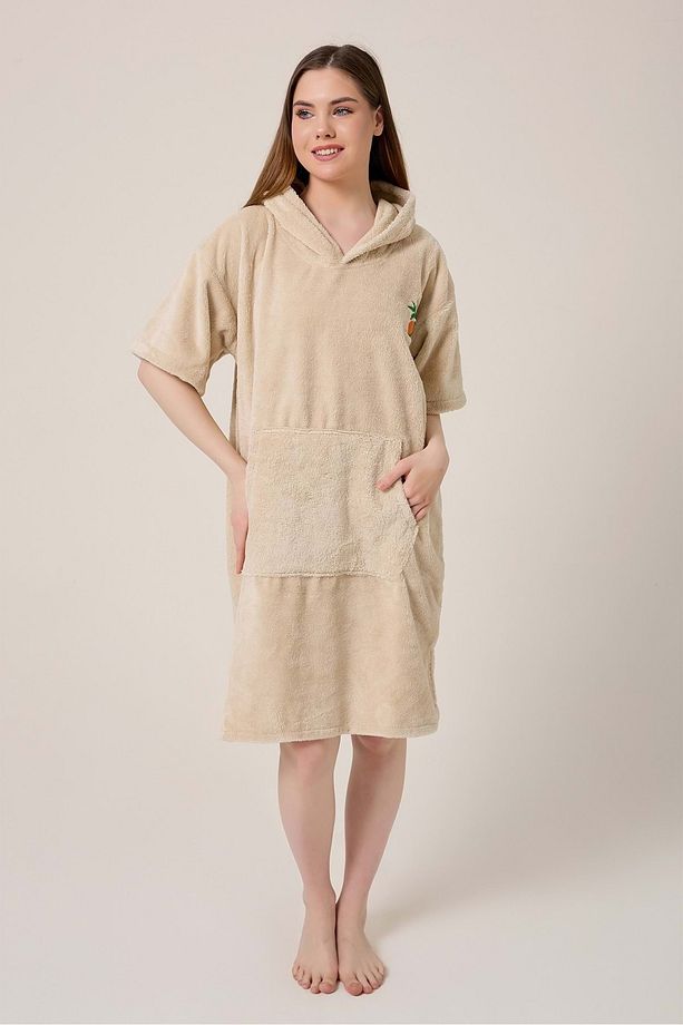 Palmiye Sörf Nakışlı Yetişkin Sörf Yazlık Panço Kapüşonlu Plaj Havlusu Bej-unisex - 3