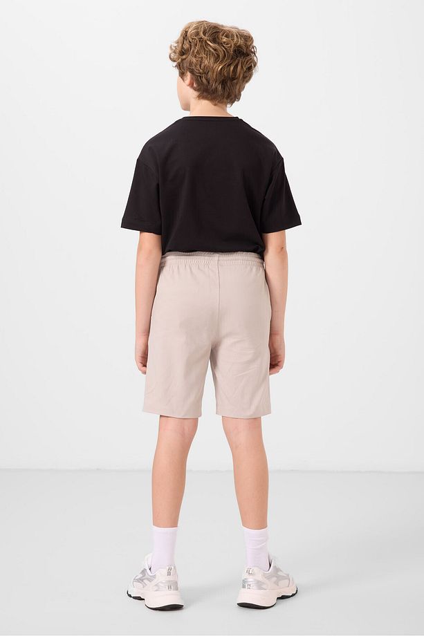 Siyah-Taş Pamuklu Oversize Fit Dokuma Hafif Esnek Chino Erkek Çocuk Şort Takım - 11277 - 8