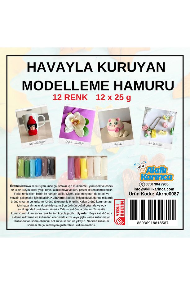 12'li Hava ile Kuruyan Modelleme Hamuru Seti (25grx12 adet) Renkli Kil - 5